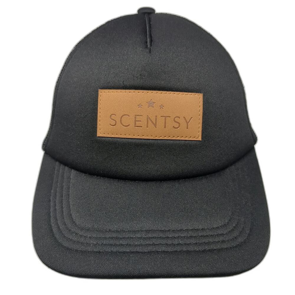 Scentsy Trucker Hat Black OSFM Mesh Back Leather Patch Logo Snapback Foam Cap